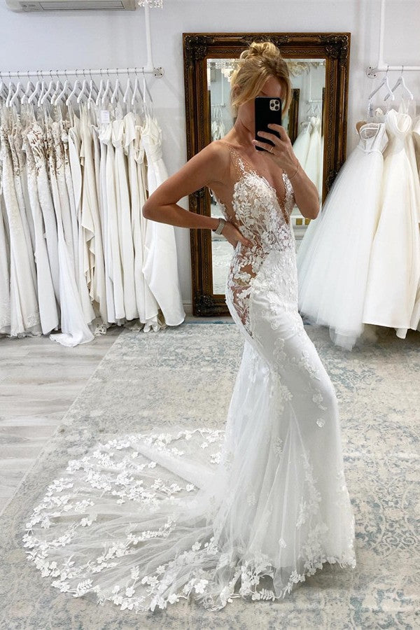 Elegant Long V-neck Floor Length Chapel Train Mermaid Wedding Dress