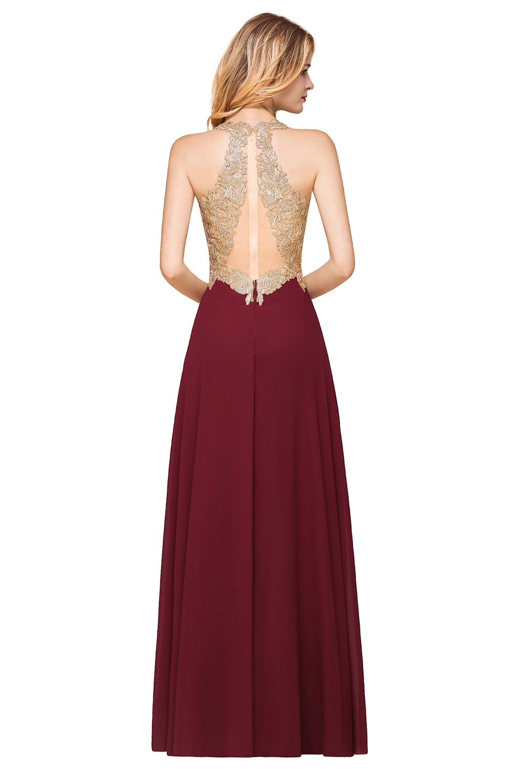 Long Burgundy A-line V-neck Chiffon Lace Backless Evening Dress