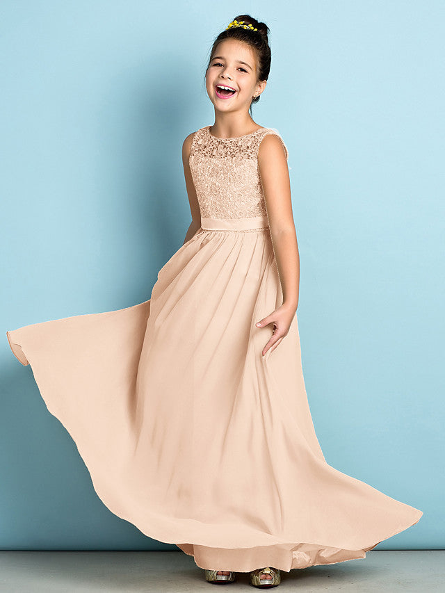 Long A-Line Scoop Neck Floor Length Chiffon Lace Junior Bridesmaid Dress
