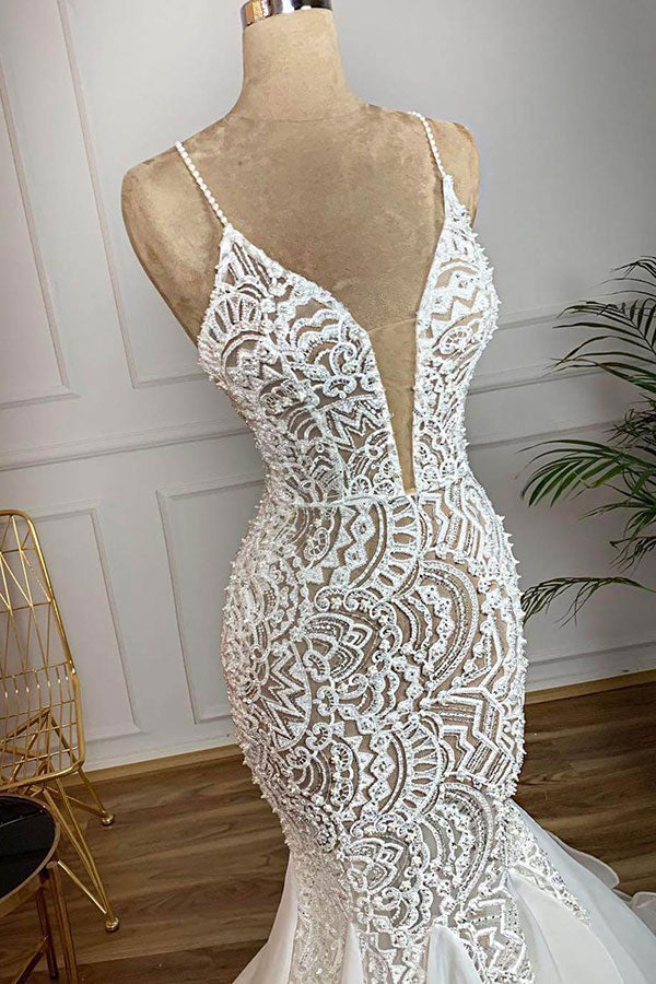 Gorgeous Long V-neck Beaded Lace Organza Mermaid Wedding Dress