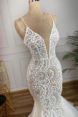 Gorgeous Long V-neck Beaded Lace Organza Mermaid Wedding Dress
