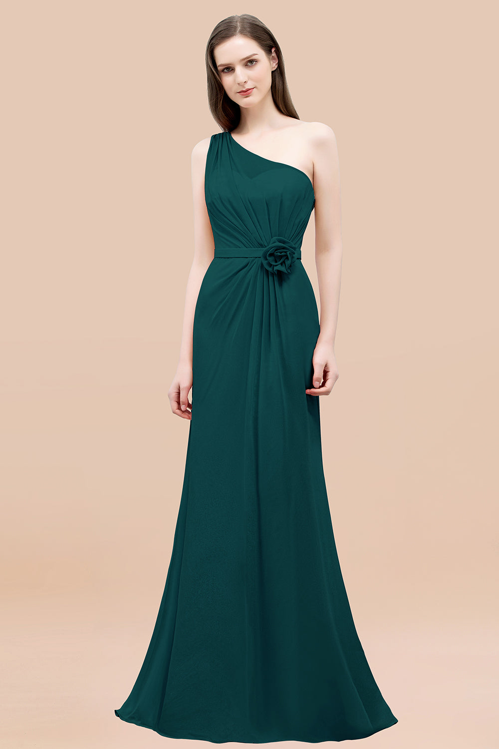 Mermaid Chiffon One Shoulder Sleeveless Ruffled Floor Length Bridesmaid Dresses with Flower