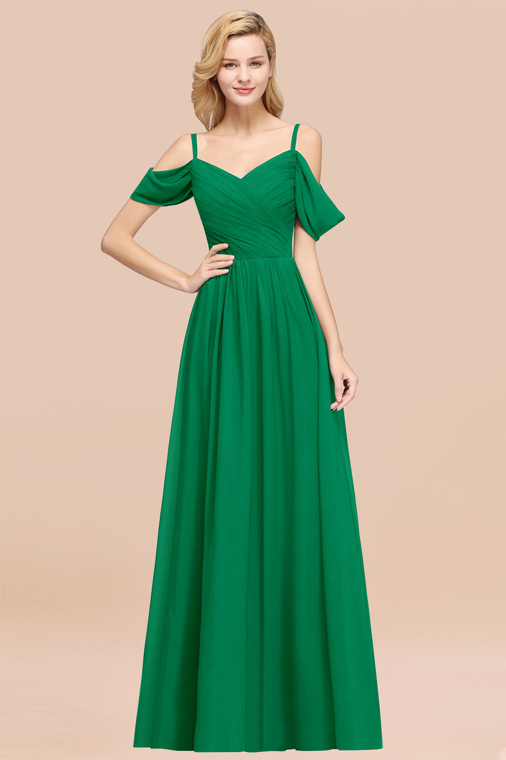 A-Line Chiffon V-Neck Spaghetti Straps Short Sleeves Floor Length Bridesmaid Dresses with Ruffles