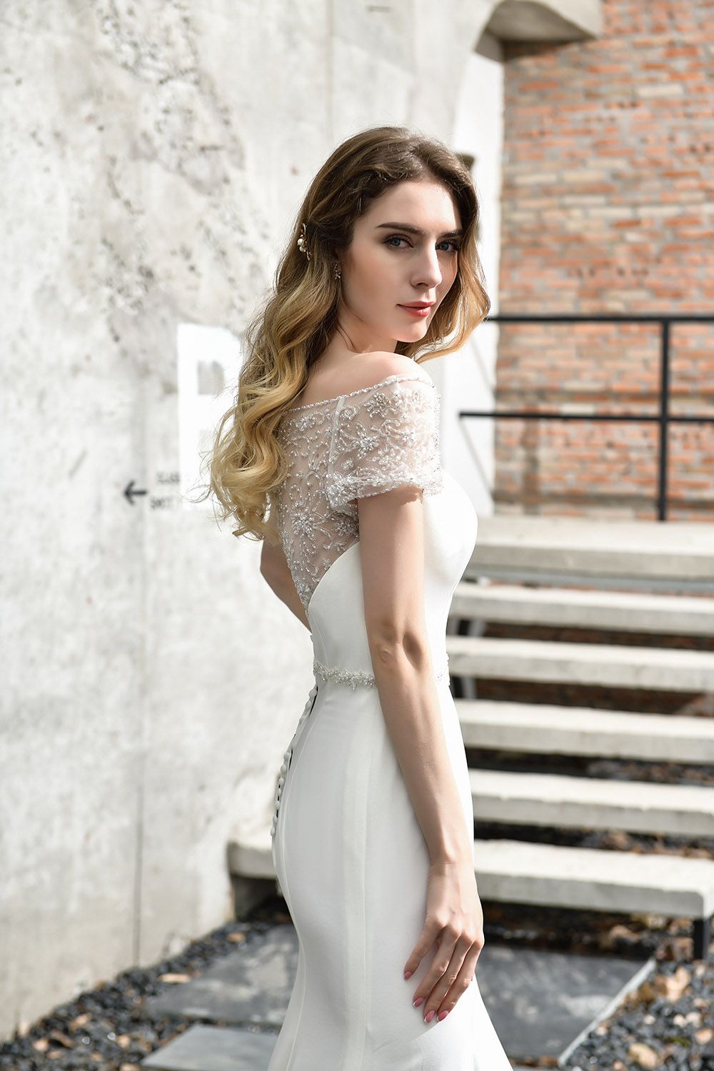 Long Mermaid Satin Belt Lace White Dresses with Short Sleeves