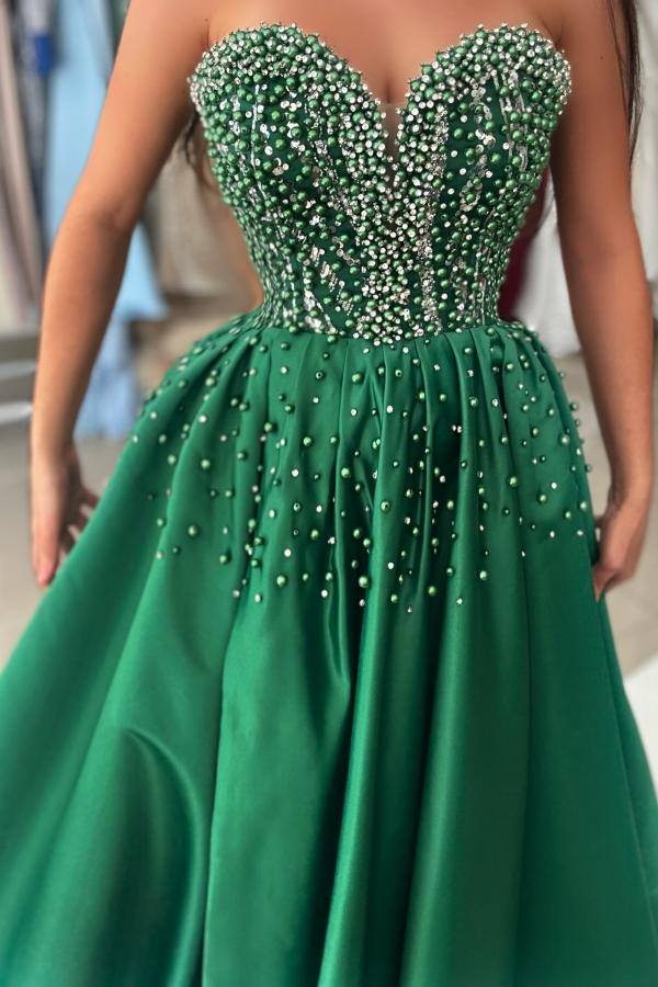 Long A-Line Strapless Sweetheart Satin Beaded Prom Dress with Slit