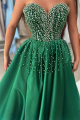 Long A-Line Strapless Sweetheart Satin Beaded Prom Dress with Slit