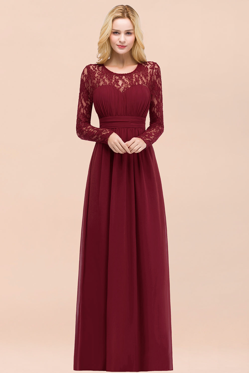 Elegant A-Line Chiffon Jewel Long Sleeves Ruffles Floor Length Bridesmaid Dresses