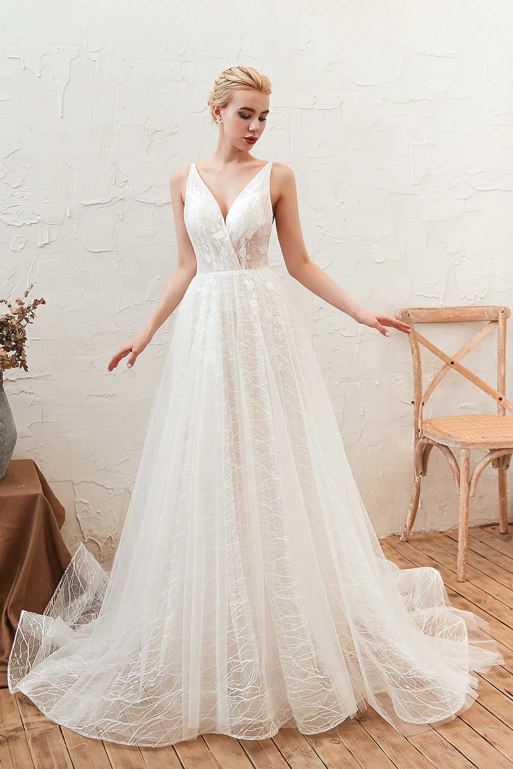 Classy A-Line Long V-neck Floor Length Lace Tulle Open Back Wedding Dress