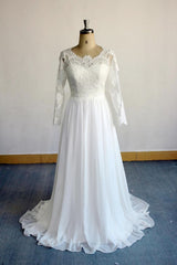 Long A-line Open Back Lace Chiffon Wedding Dress with Sleeves