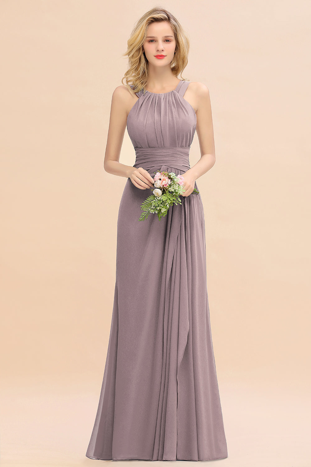 Long A-line Halter Chiffon Backless Floor Length Bridesmaid Dresses