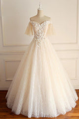 Champagne Long A-line Off the Shoulder Tulle Lace Wedding Dress with Sleeves