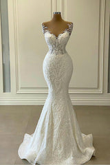 Stunning Long Sweetheart Appliques Lace Mermaid Wedding Dress With Detachable Train