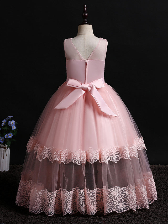 Long Princess Floor Length Sleeveless Jewel Neck Flower Girl Dresses
