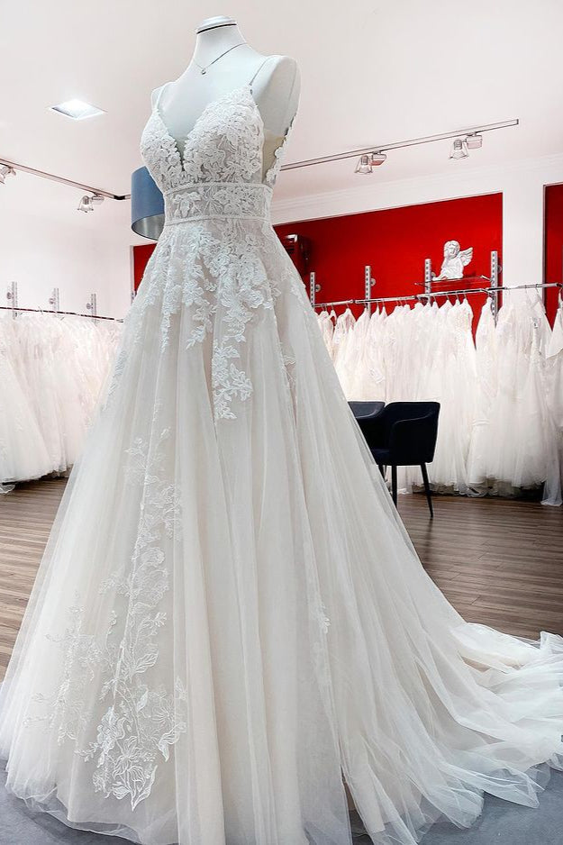 Long A-line V-neck Tulle Sleeveless Ruffles Appliques Lace Backless Wedding Dress