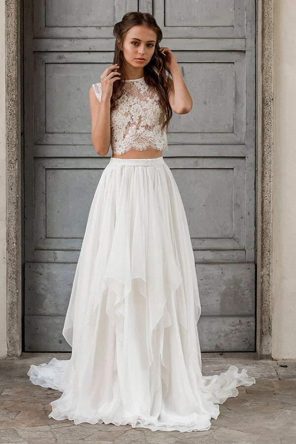 Elegant Long A_line Lace Chiffon Two Piece Wedding Dress