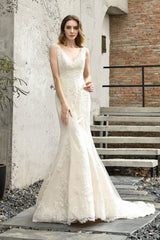 Elegant Long V-neck Mermaid Satin Lace Open Back Wedding Dress