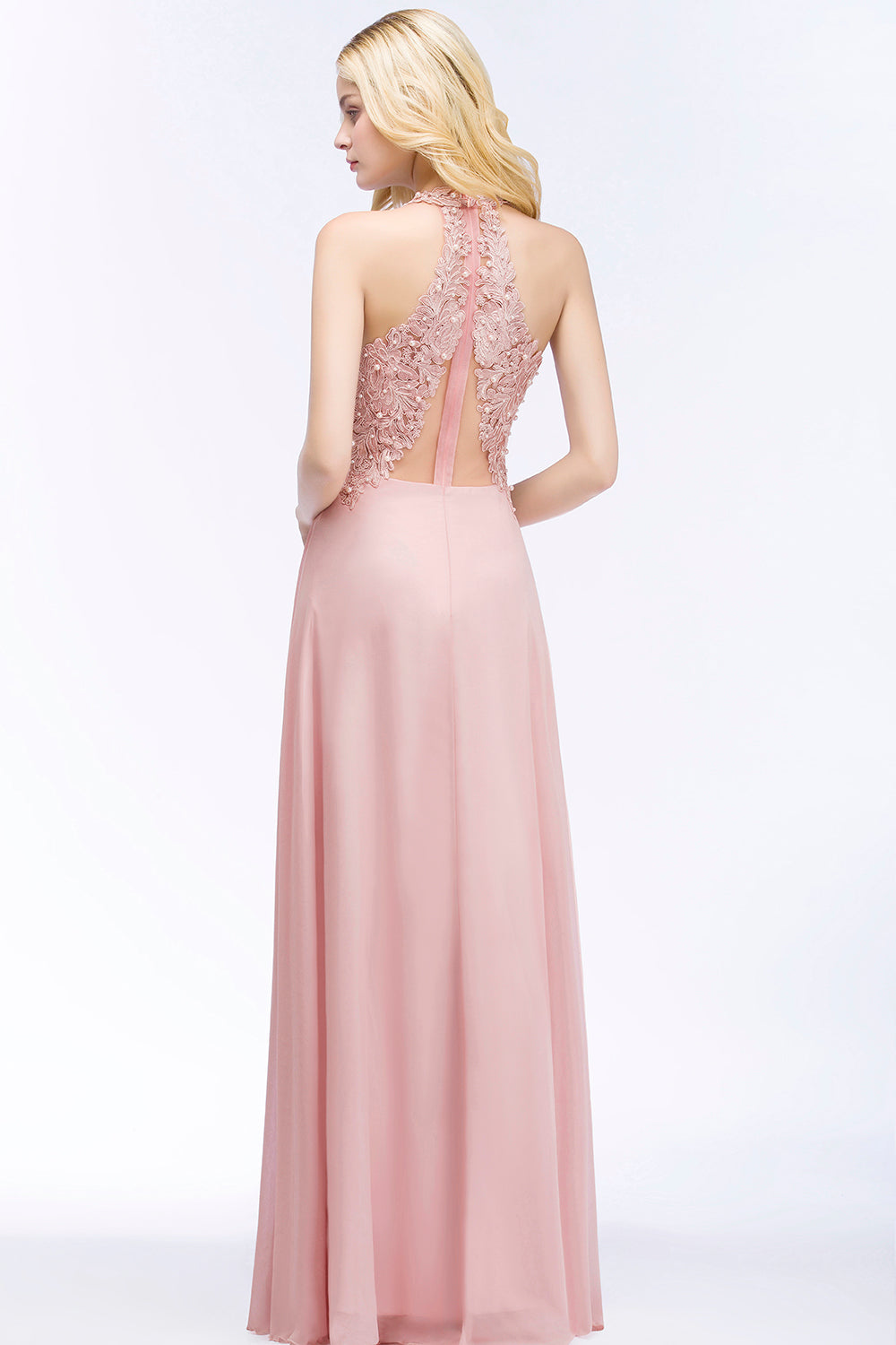 A-line V-neck Sleeveless Long Appliques Chiffon Bridesmaid Dresses