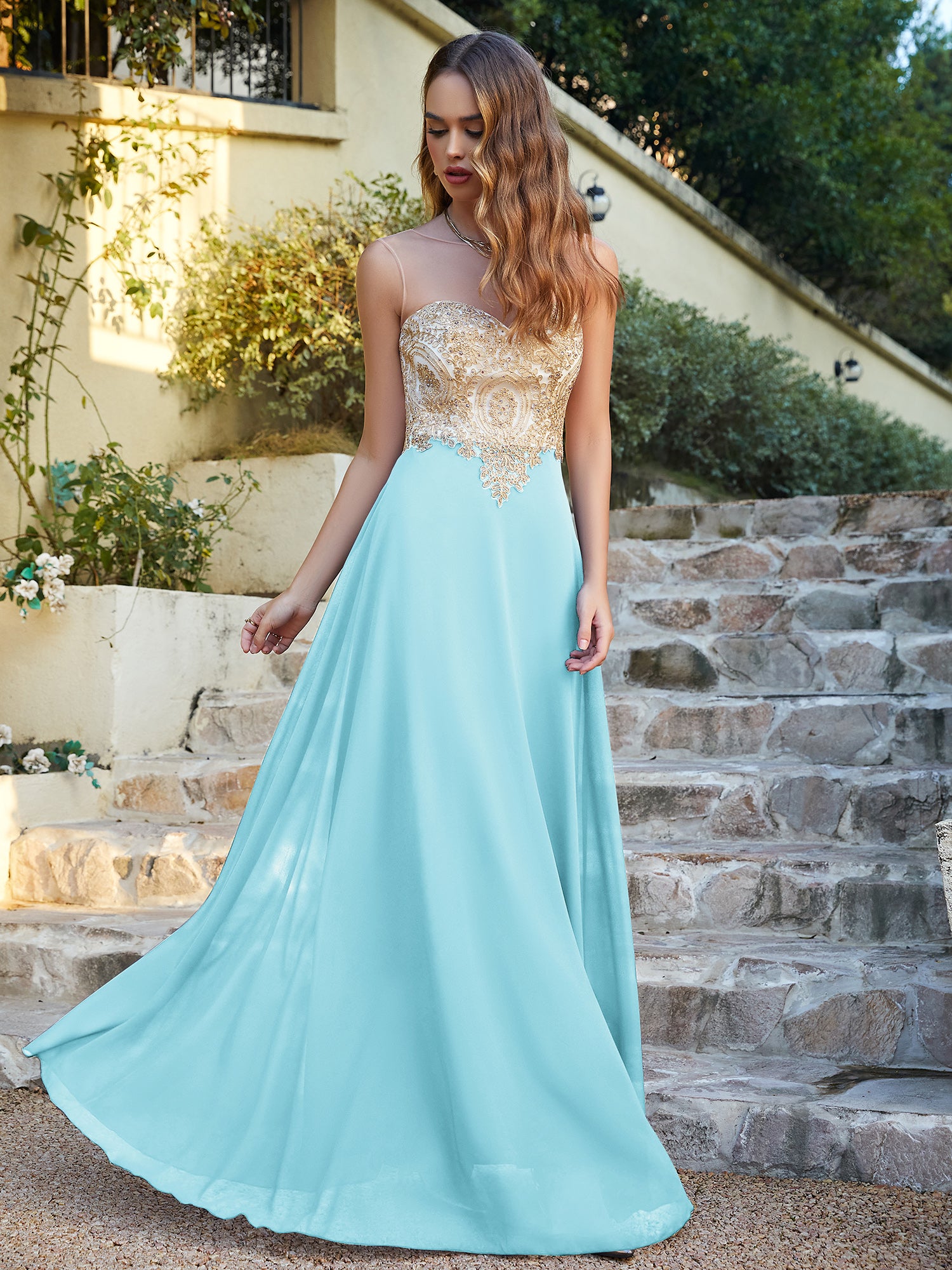 Elegant Long A-line Chiffon Sleeveless Tulle Lace Appliques Prom Dress