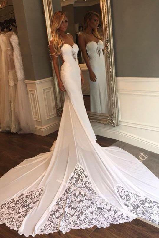 Sexy Long Mermaid Sweetheart Open Back Satin Lace Wedding Dress