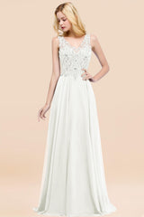 A-line Chiffon Appliques V-neck Sleeveless Floor Length Bridesmaid Dresses with Crystals