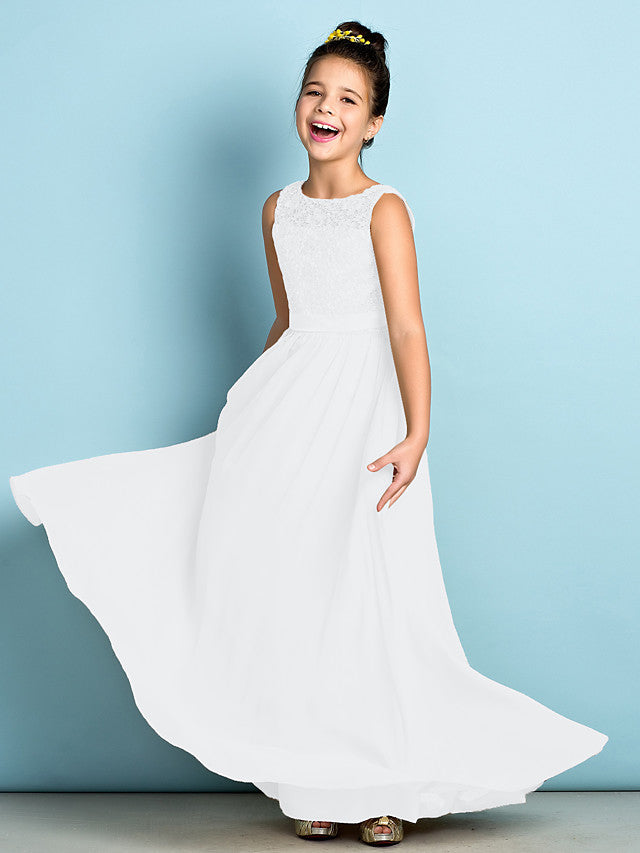 Long A-Line Scoop Neck Floor Length Chiffon Lace Junior Bridesmaid Dress