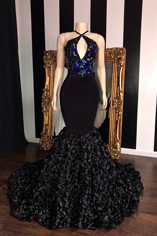 Black Long Mermaid Sleeveless Flowers Mermaid Prom Dresses
