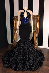 Black Long Mermaid Sleeveless Flowers Mermaid Prom Dresses