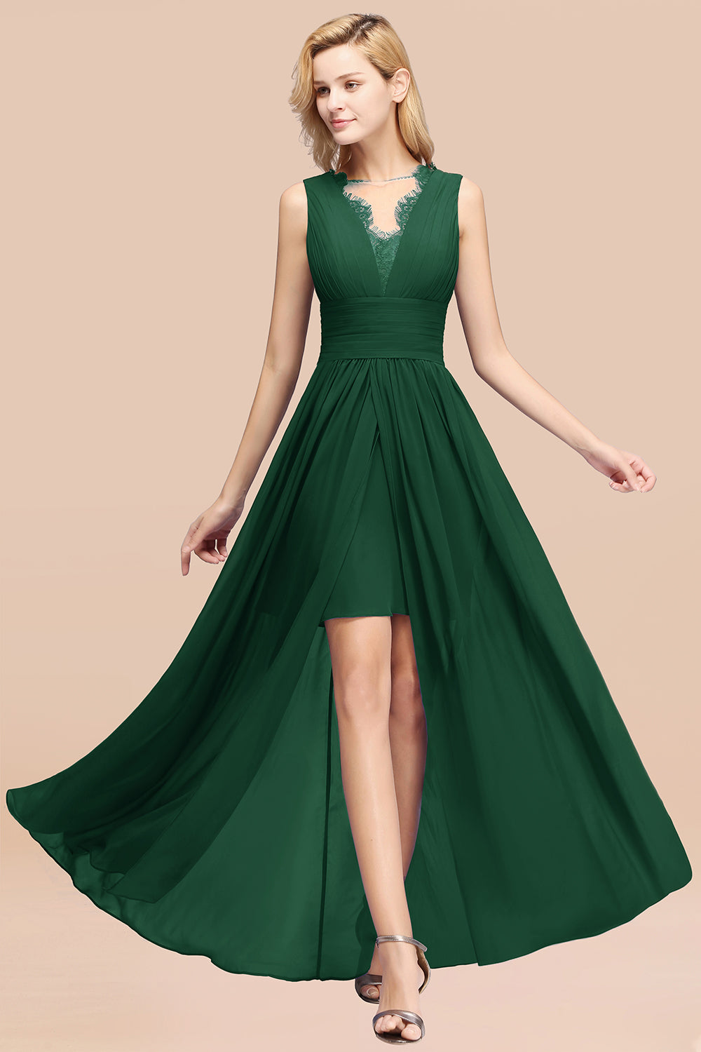 Lace Chiffon Jewel Sleeveless Ruffles Short Bridesmaid Dress