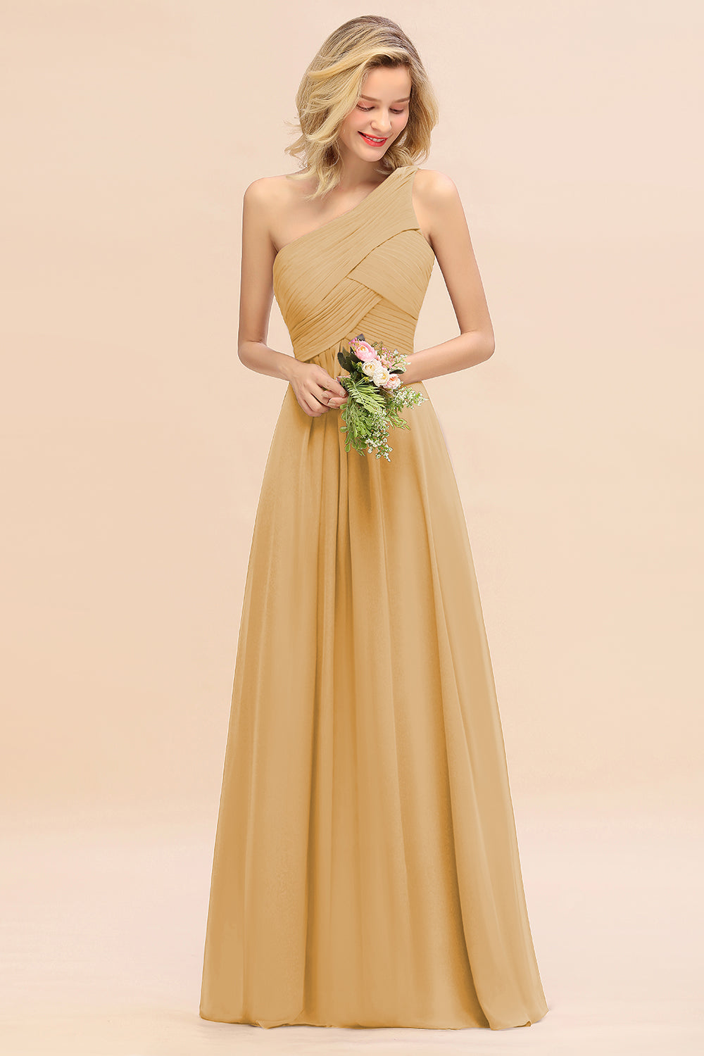 Elegant Gold A-line Chiffon Ruffles One Shoulder Long Bridesmaid Dress