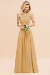 Elegant Gold A-line Chiffon Ruffles One Shoulder Long Bridesmaid Dress