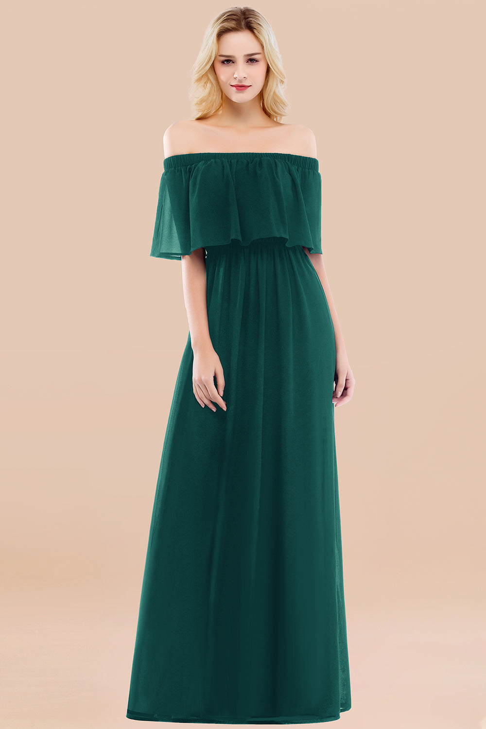 A-line Chiffon Off the Shoulder Short Sleeves Ruffles Floor Length Bridesmaid Dress