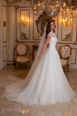 White Long A-line High Neck Tulle Lace Backless Wedding Dress