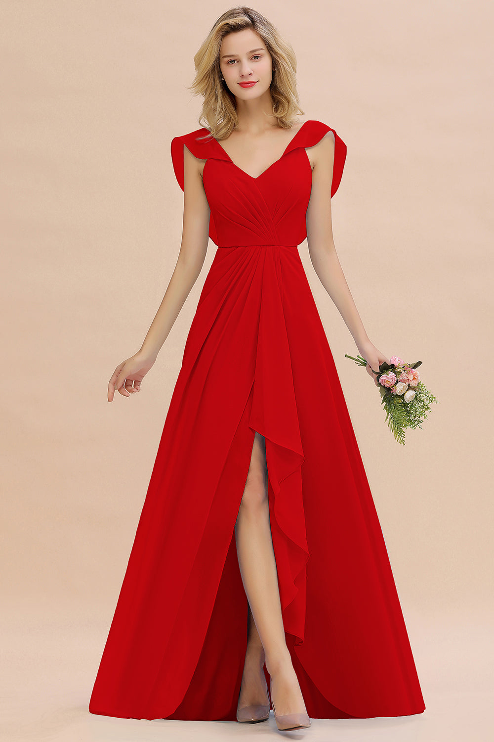 Simple High Low A-line V-Neck Ruffles Chiffon Red Bridesmaid Dress