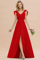 Simple High Low A-line V-Neck Ruffles Chiffon Red Bridesmaid Dress