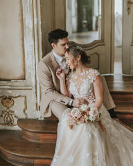 Boho Long A-line Tulle Wedding Dress with Lace Appliques