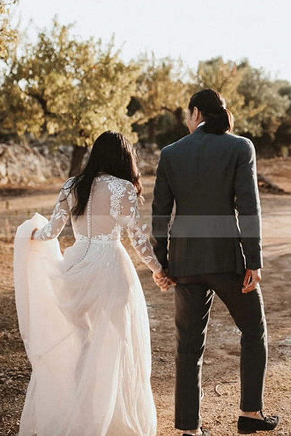 Elegant Long A-line Lace Scoop Sweep Train Wedding Dresses with Sleeves