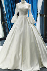 Elegant High Neck Long Sleeves Ball Gown Satin Wedding Dresses
