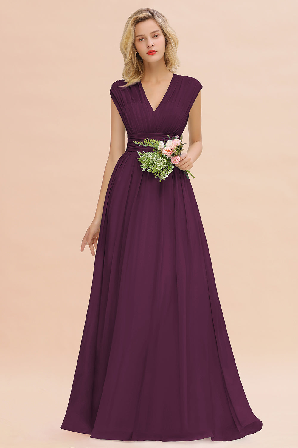 Chiffon V-Neck Sleeveless Elegant A-line Ruffles Bridesmaid Dress
