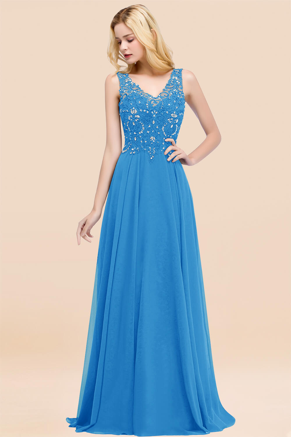 A-line Chiffon Appliques V-neck Sleeveless Floor Length Bridesmaid Dresses with Crystals