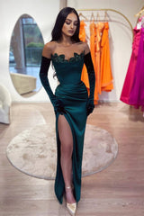 Long Strapless Mermaid Satin Beaded Prom Dress with Gloves