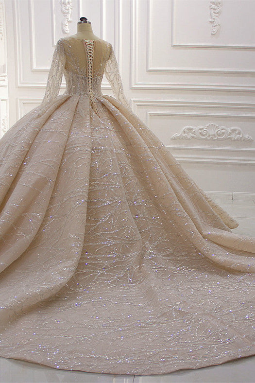 Gorgeous Bateau Long Sleeve Ruffles Floor Length Ball Gown Wedding Dress