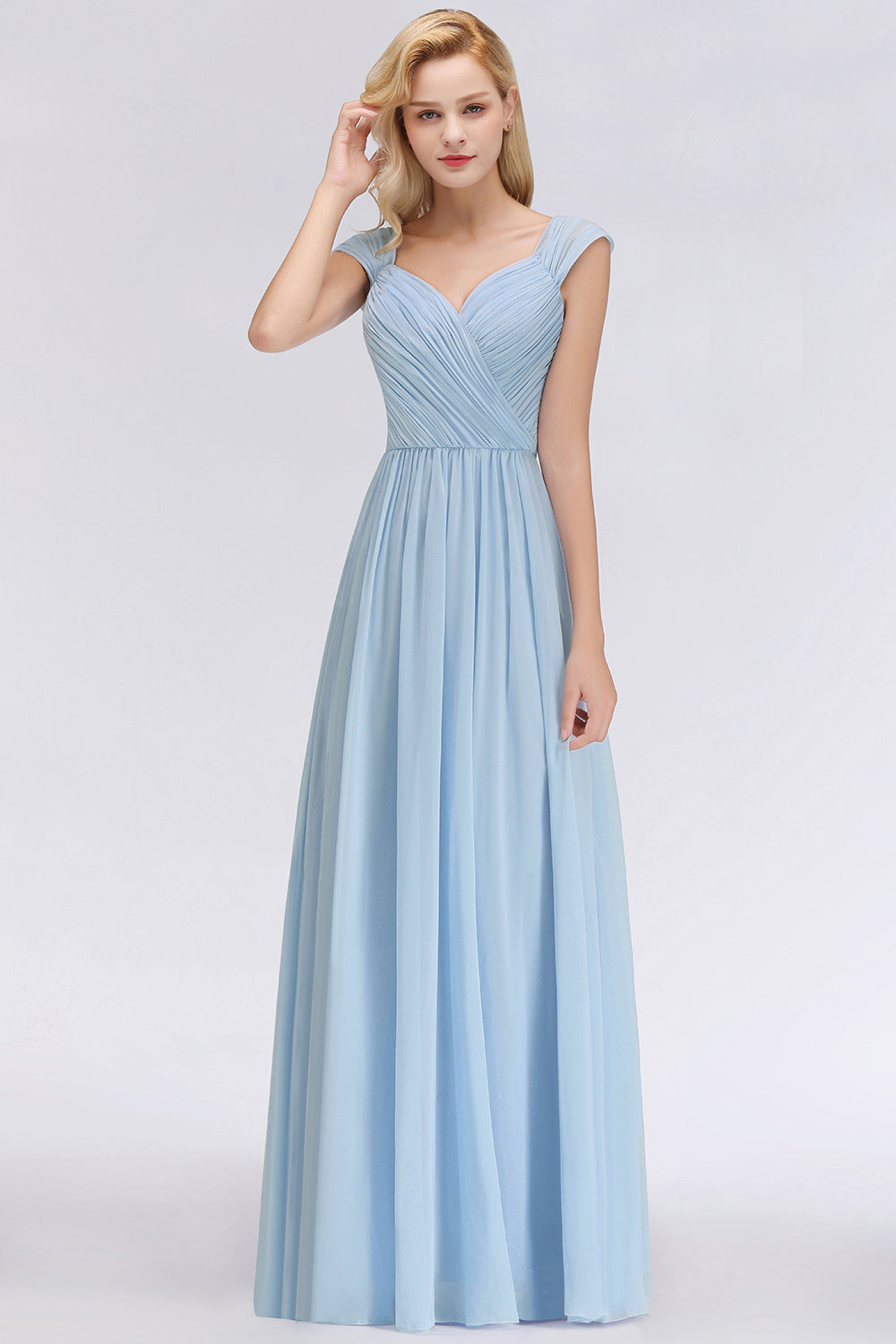 A-Line Chiffon Straps Sweetheart Sleeveless Floor Length Bridesmaid Dress with Ruffles