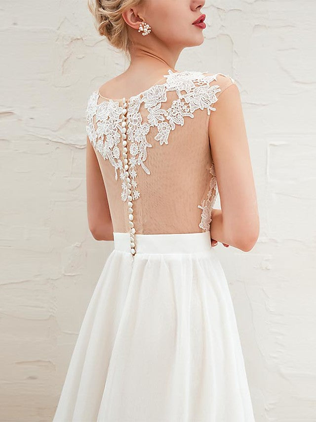 Boho Long A-line Jewel Neck Court Train Chiffon Wedding Dresses with Slit