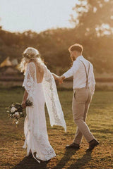 Ivory Boho Long Mermaid Lace Backless Wedding Dress with Batwing Sleeve