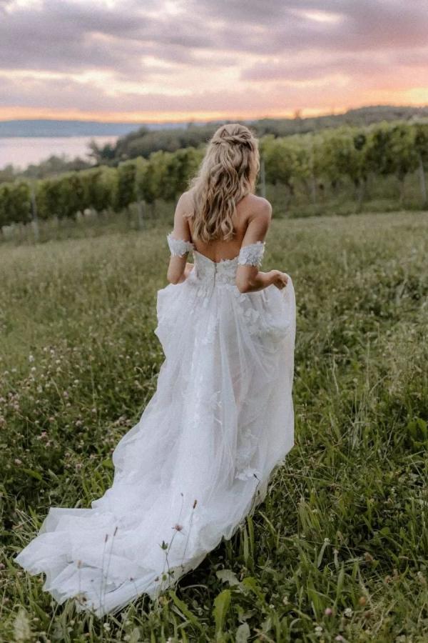 Elegant Long A-line Off the Shoulder Tulle Floral Lace Wedding Dress