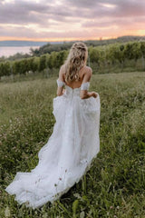 Elegant Long A-line Off the Shoulder Tulle Floral Lace Wedding Dress