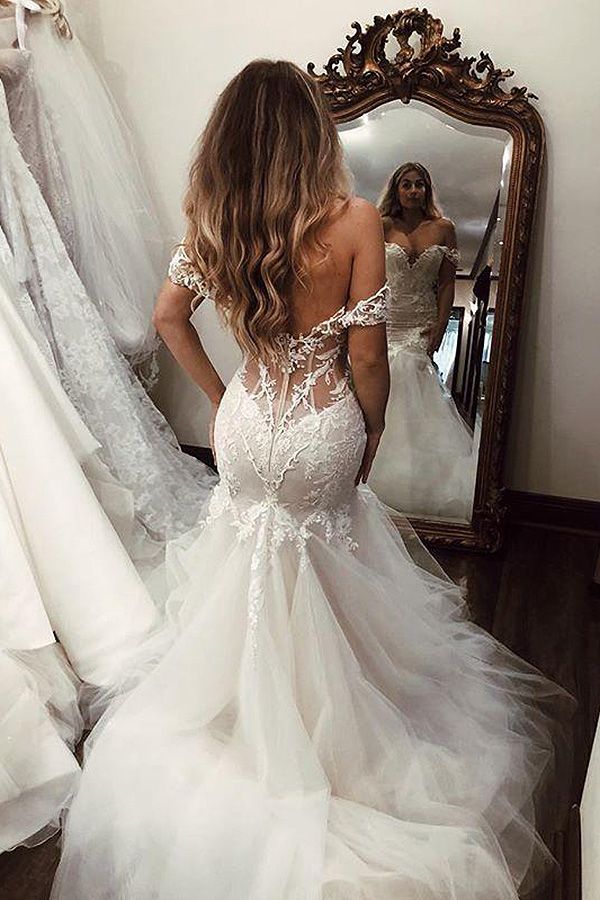 Long Mermaid Off the Shoulder Tulle Lace Backless Wedding Dresses