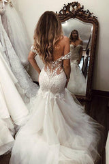 Long Mermaid Off the Shoulder Tulle Lace Backless Wedding Dresses