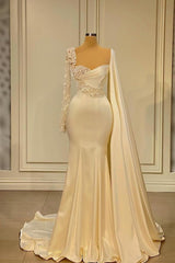 Long Mermaid Satin Fromal Prom Dress with Sleeves Ivory Evening Gowns