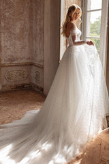 White Long Open Back Off The Shoulder A Line Tulle Floor Length Wedding Dress with Beads
